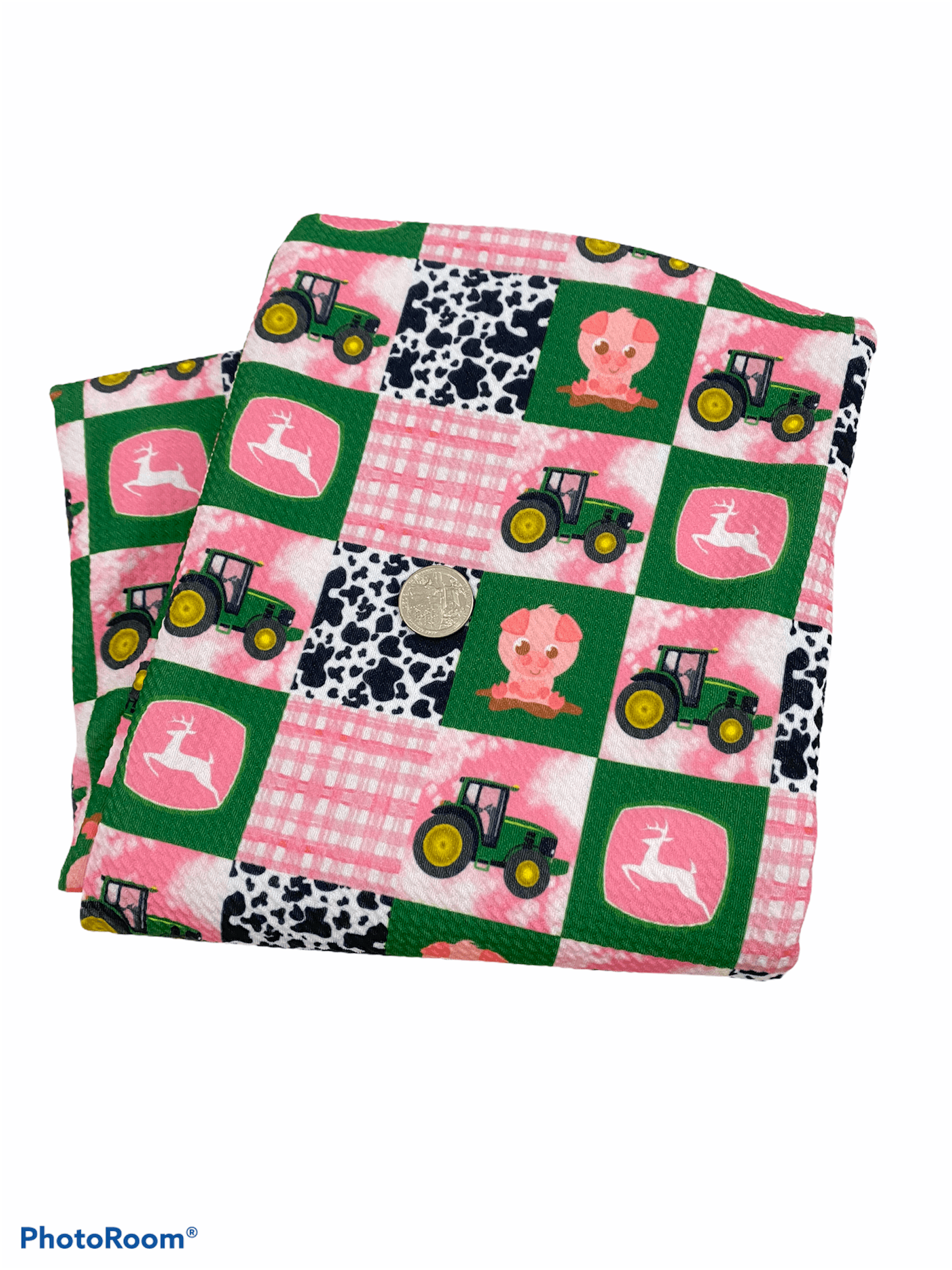 Bullet Fabric green truck, pink and cow - ACBows&Supplies